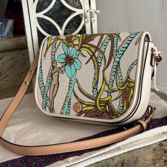 New Tory burch EMERSON PRINTED CANVAS CROSSBODY CREAM BROWN CLIMBING PALMS - Picture 6 of 8